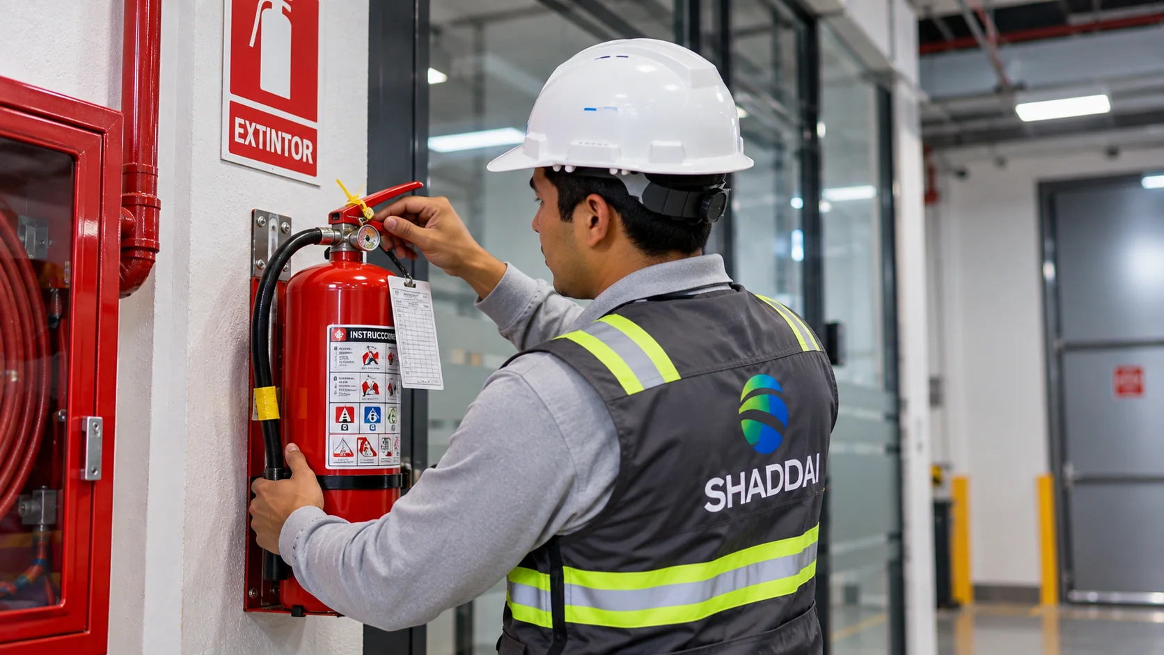 Técnico SHADDAI revisando un extintor